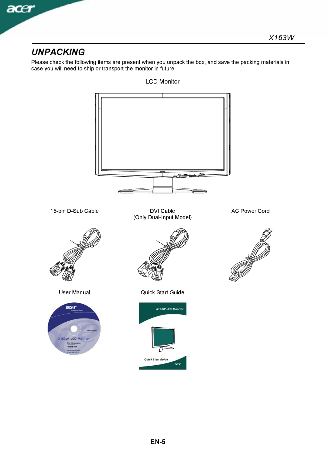 Acer X163W manual Unpacking 