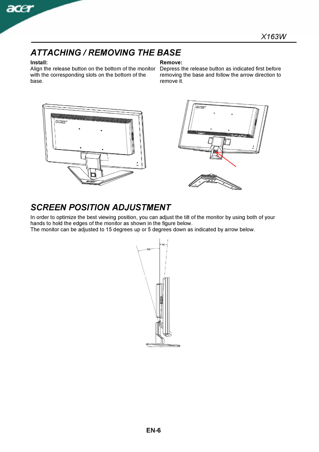 Acer X163W manual Attaching / Removing the Base, Screen Position Adjustment, Install, Remove 