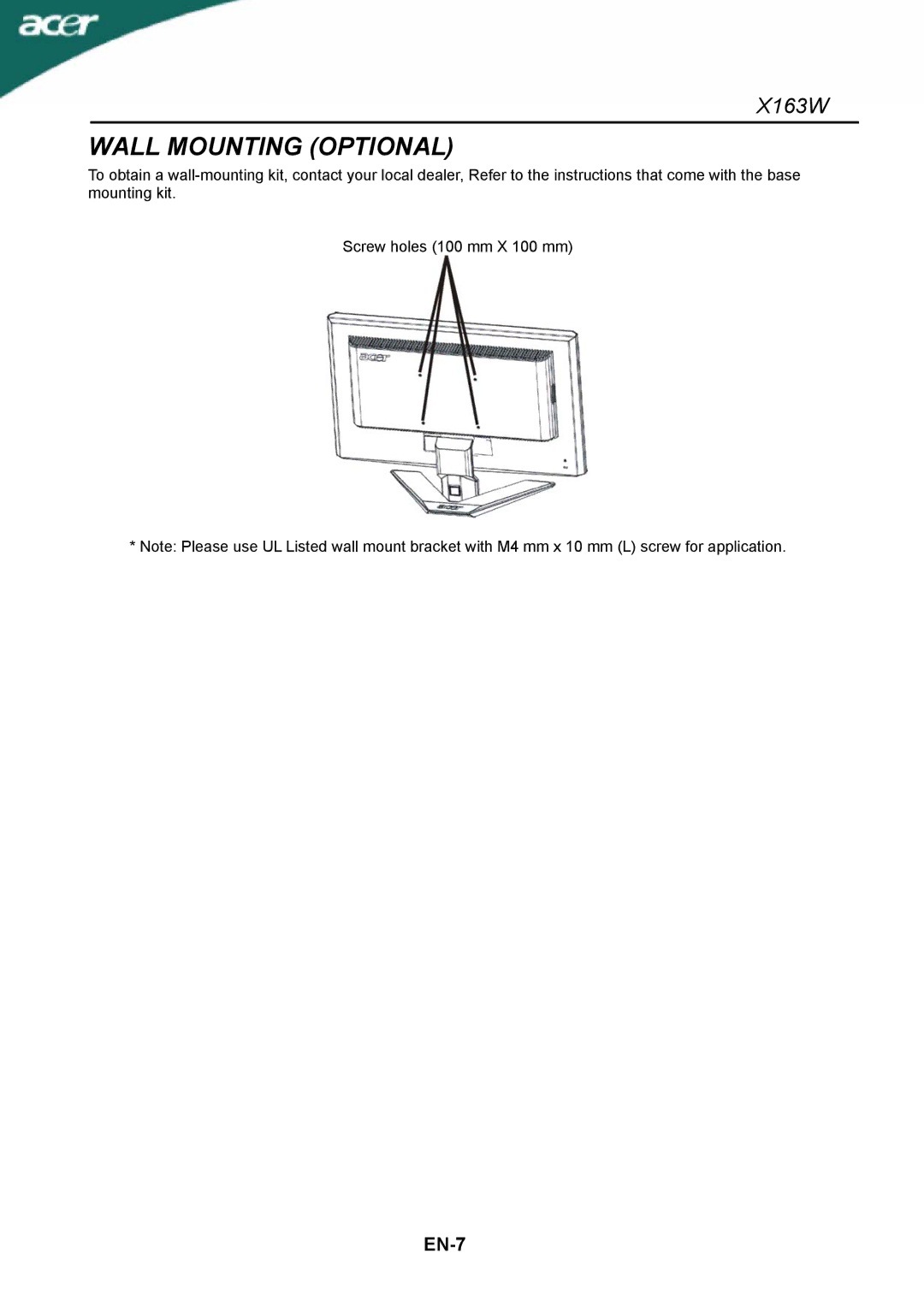 Acer X163W manual Wall Mounting Optional 