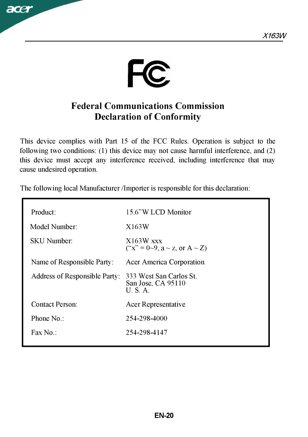 Acer X163W manual Federal Communications Commission Declaration of Conformity 