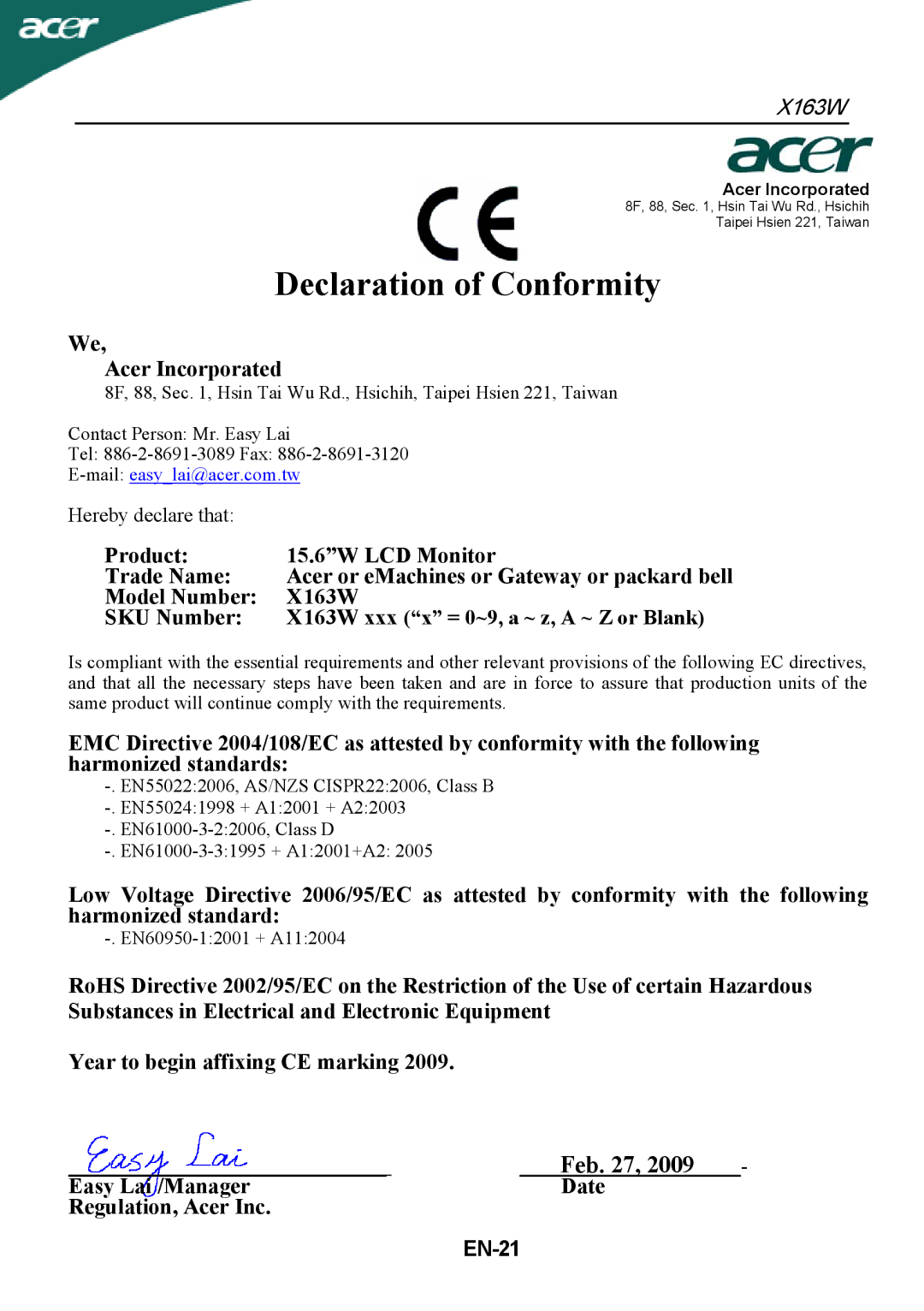 Acer X163W manual Declaration of Conformity, BGEN-21 