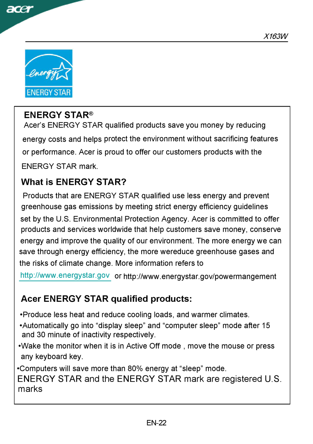 Acer X163W manual Energy Star 