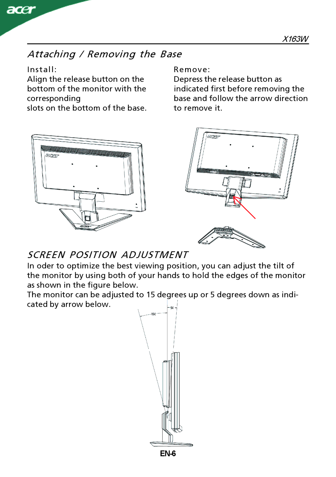 Acer X163W manual Attaching / Removing the Base, Screen Position Adjustment, EN-6 