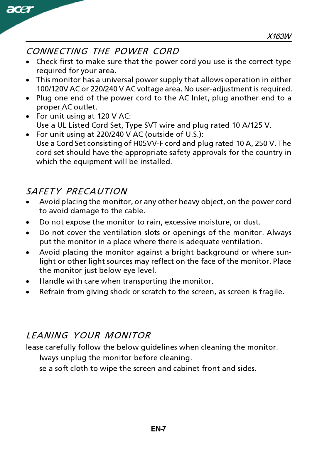 Acer X163W manual Connecting the Power Cord, Safety Precaution, Leaning Your Monitor, EN-7 