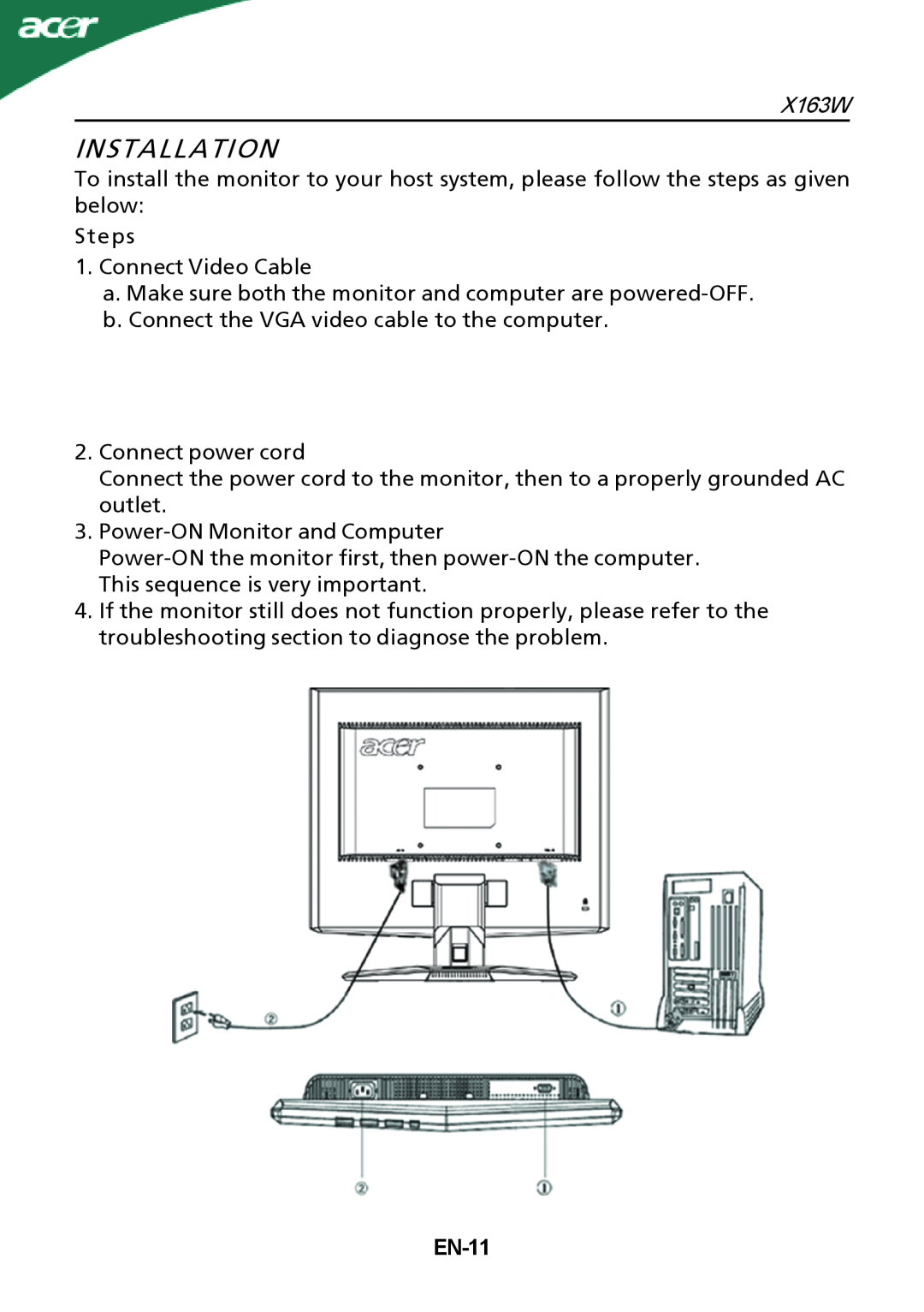 Acer X163W manual Installation, EN-11 