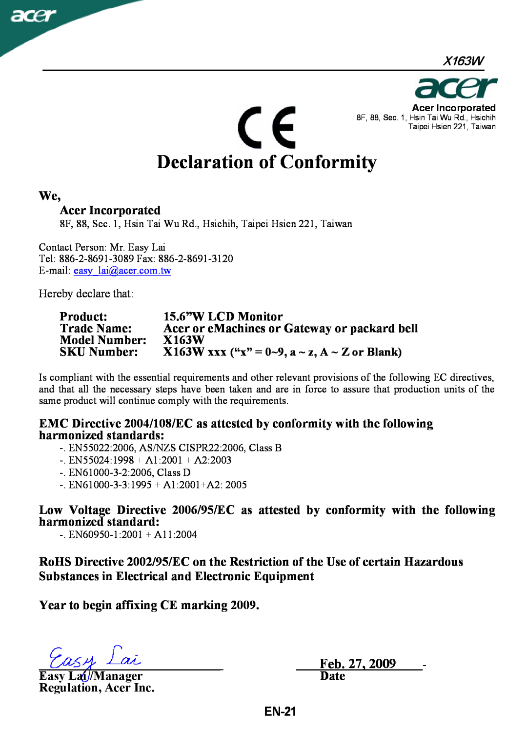 Acer X163W manual Declaration of Conformity, Feb. 27, BGEN-21 