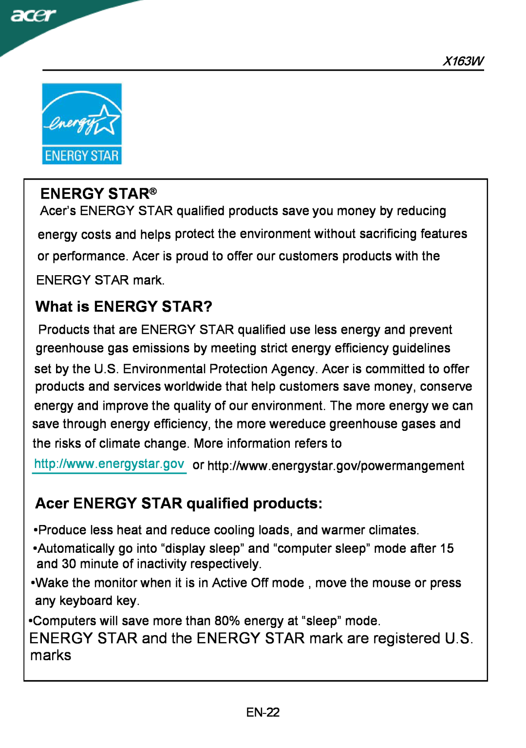 Acer X163W manual ENERGY STAR and the ENERGY STAR mark are registered U.S. marks, Energy Star, What is ENERGY STAR? 