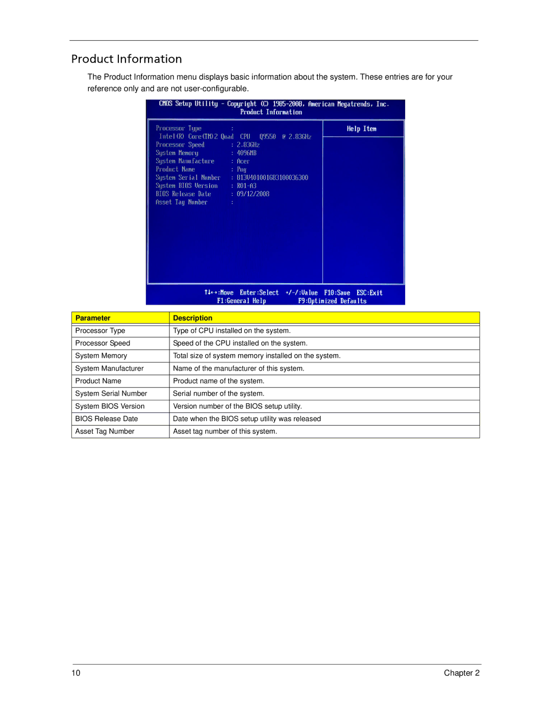 Acer X1700, X270 manual Product Information, Parameter Description 