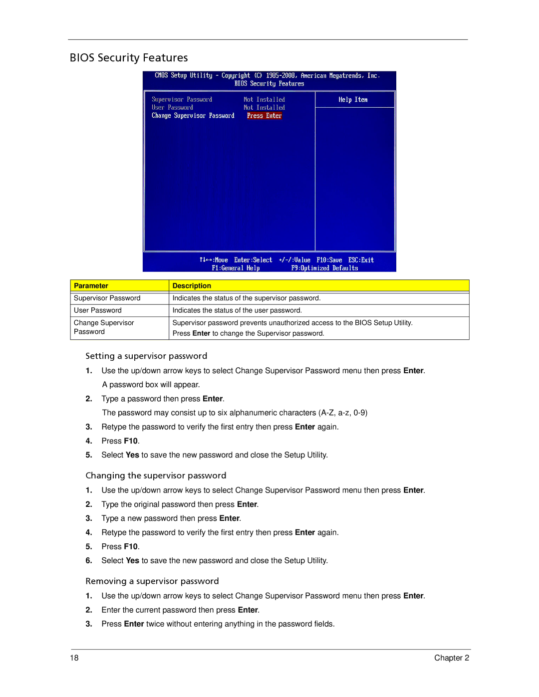 Acer X1700, X270 manual Bios Security Features, Setting a supervisor password 