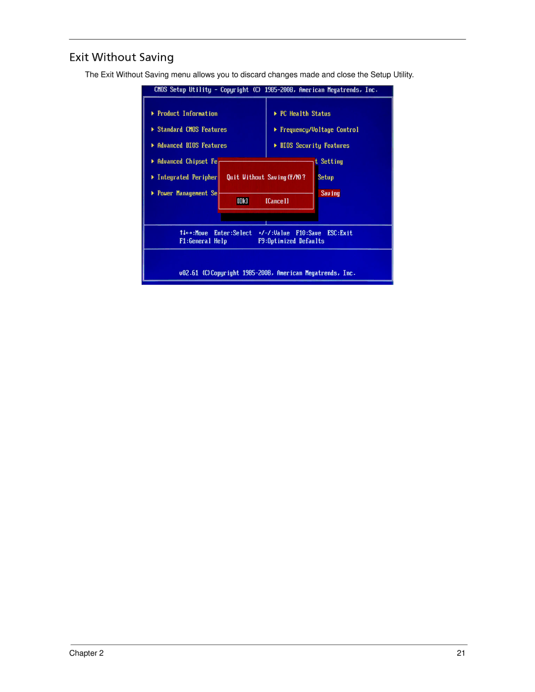 Acer X270, X1700 manual Exit Without Saving 