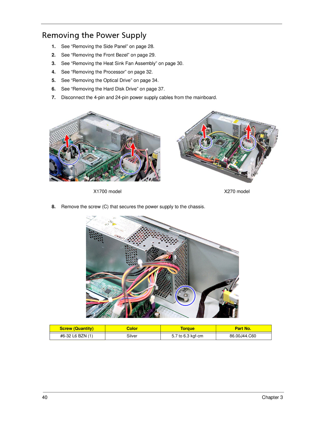 Acer X1700, X270 manual Removing the Power Supply 