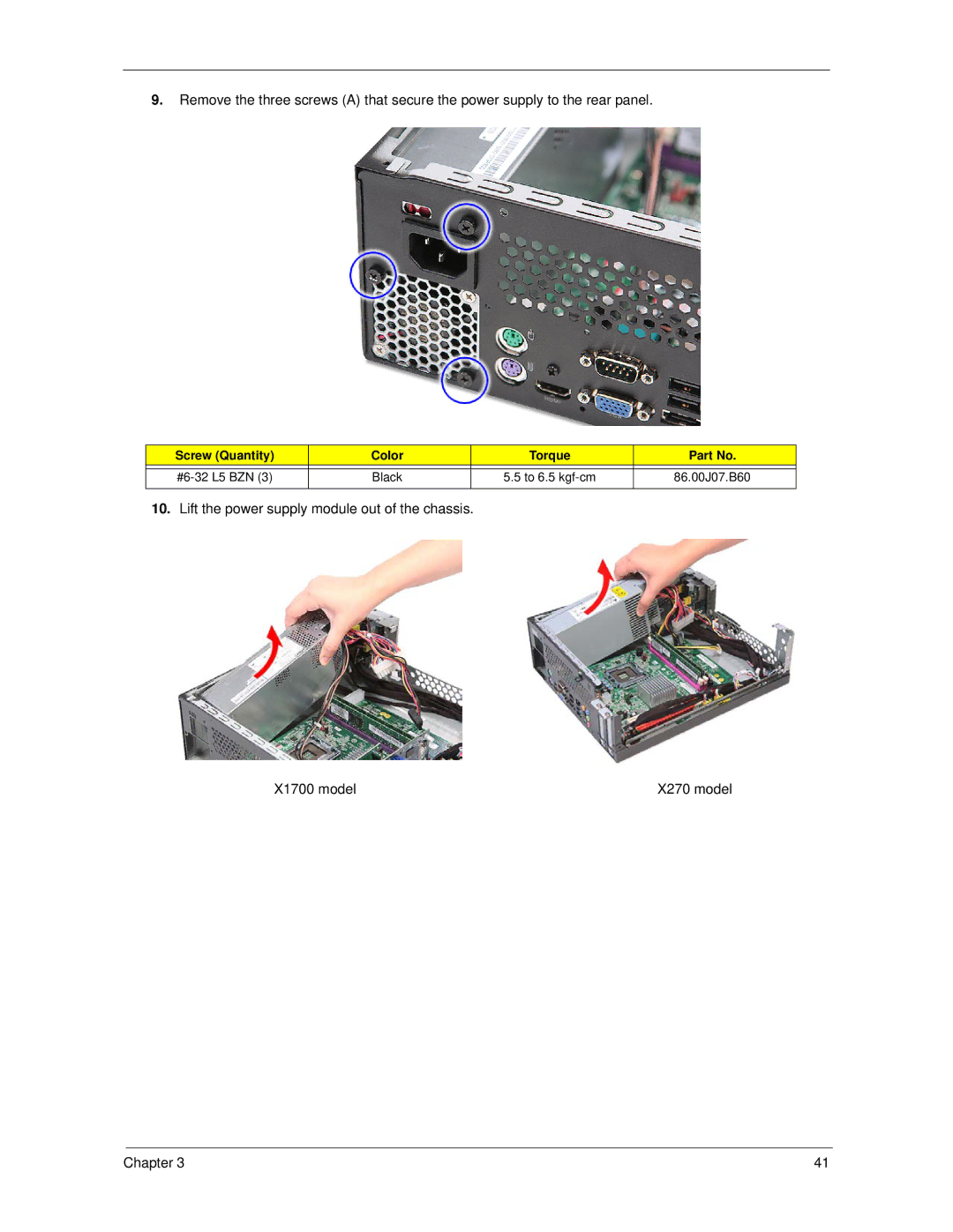 Acer X270 manual Lift the power supply module out of the chassis X1700 model 