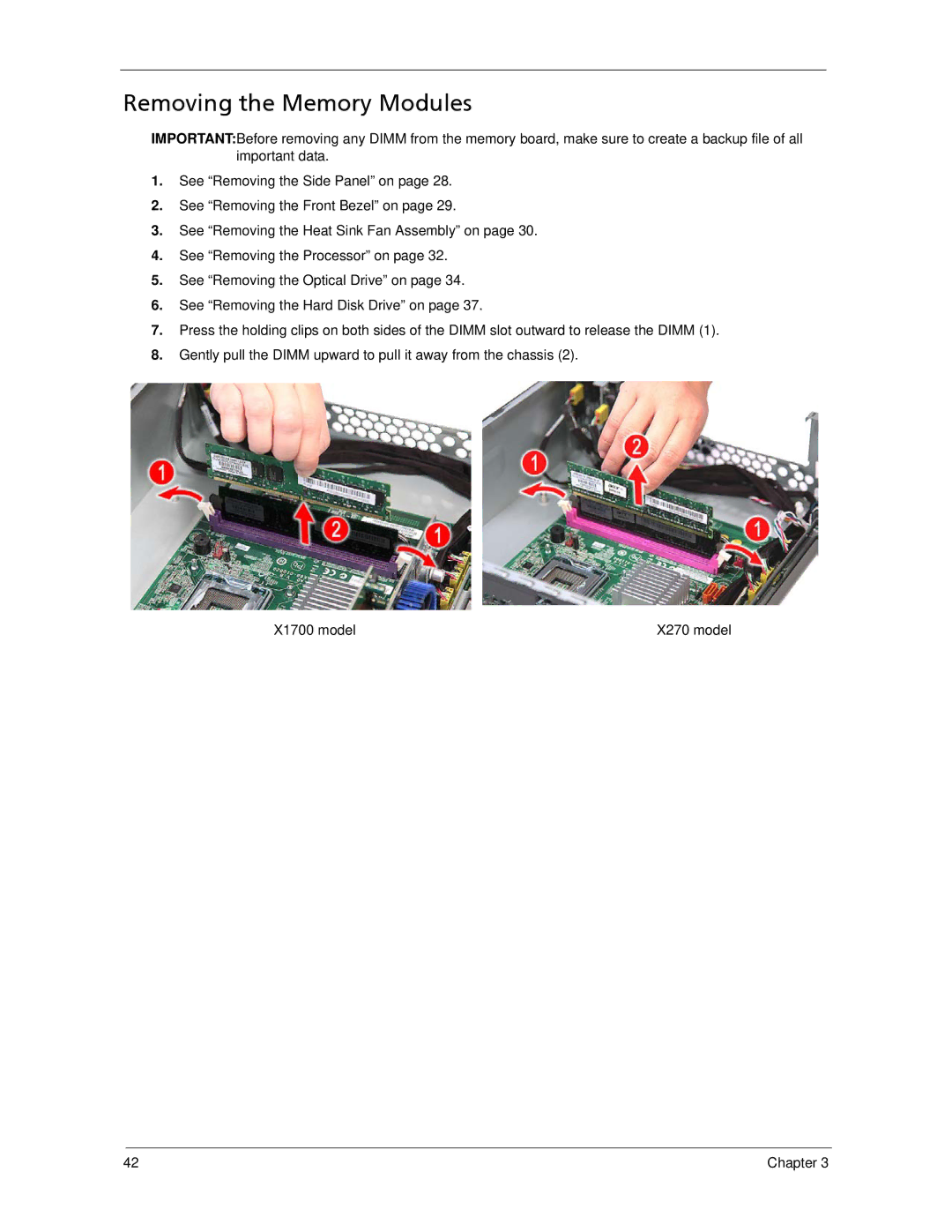 Acer X1700, X270 manual Removing the Memory Modules 