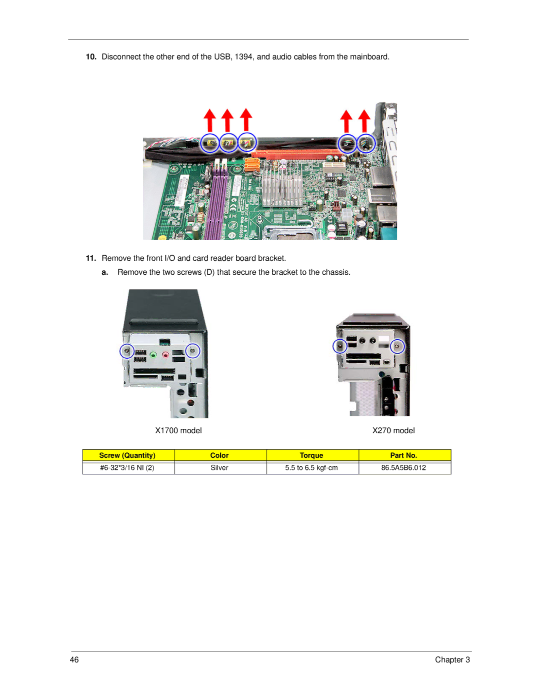 Acer X1700, X270 manual Screw Quantity Color 