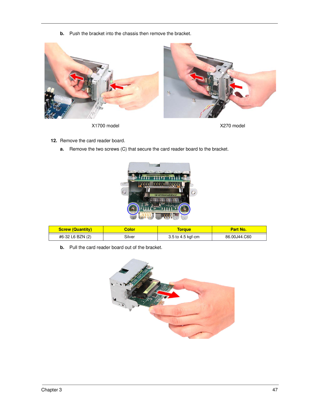 Acer X270, X1700 manual Pull the card reader board out of the bracket Chapter 