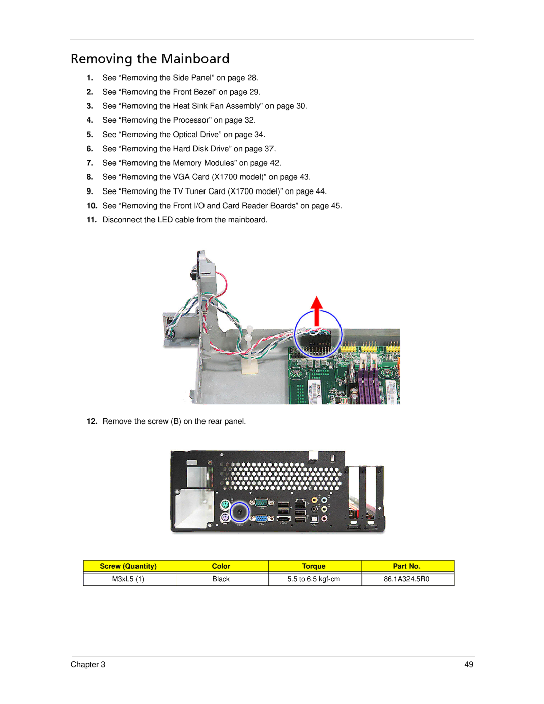 Acer X270, X1700 manual Removing the Mainboard 