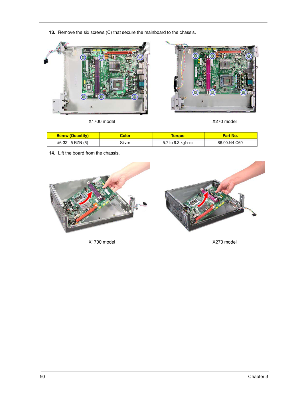 Acer X270 manual Lift the board from the chassis X1700 model 