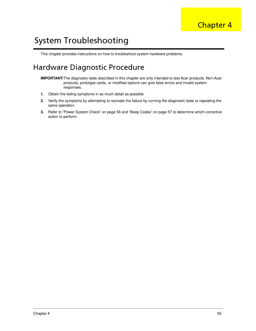 Acer X270, X1700 manual System Troubleshooting, Hardware Diagnostic Procedure 