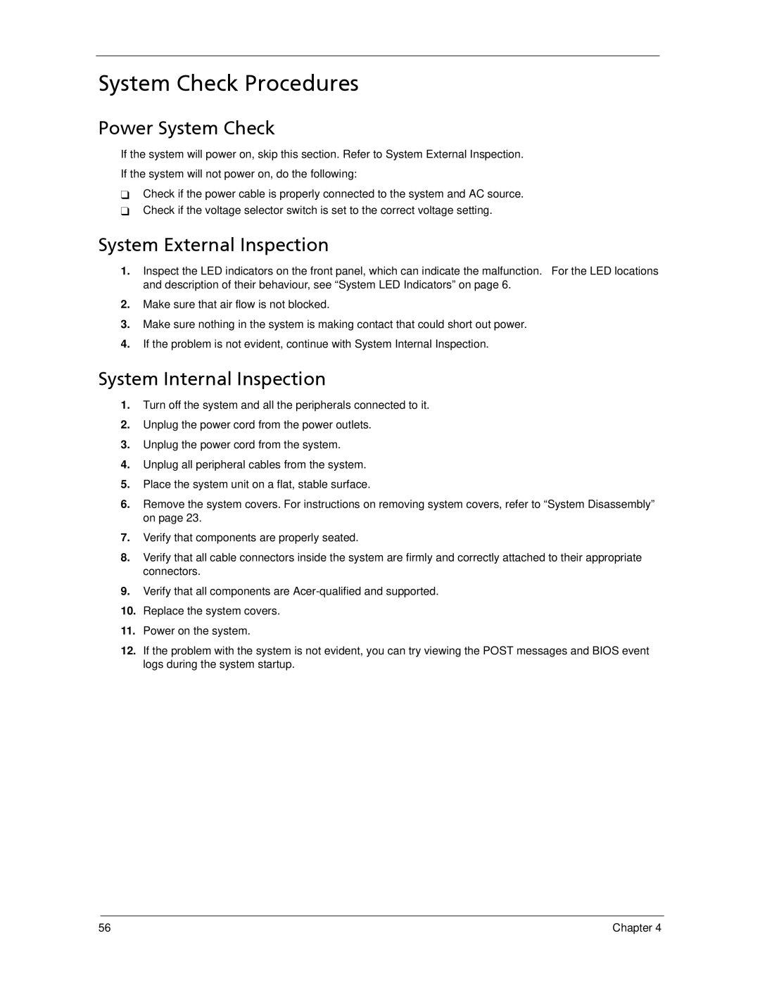 Acer X1700, X270 manual System Check Procedures, Power System Check, System External Inspection, System Internal Inspection 