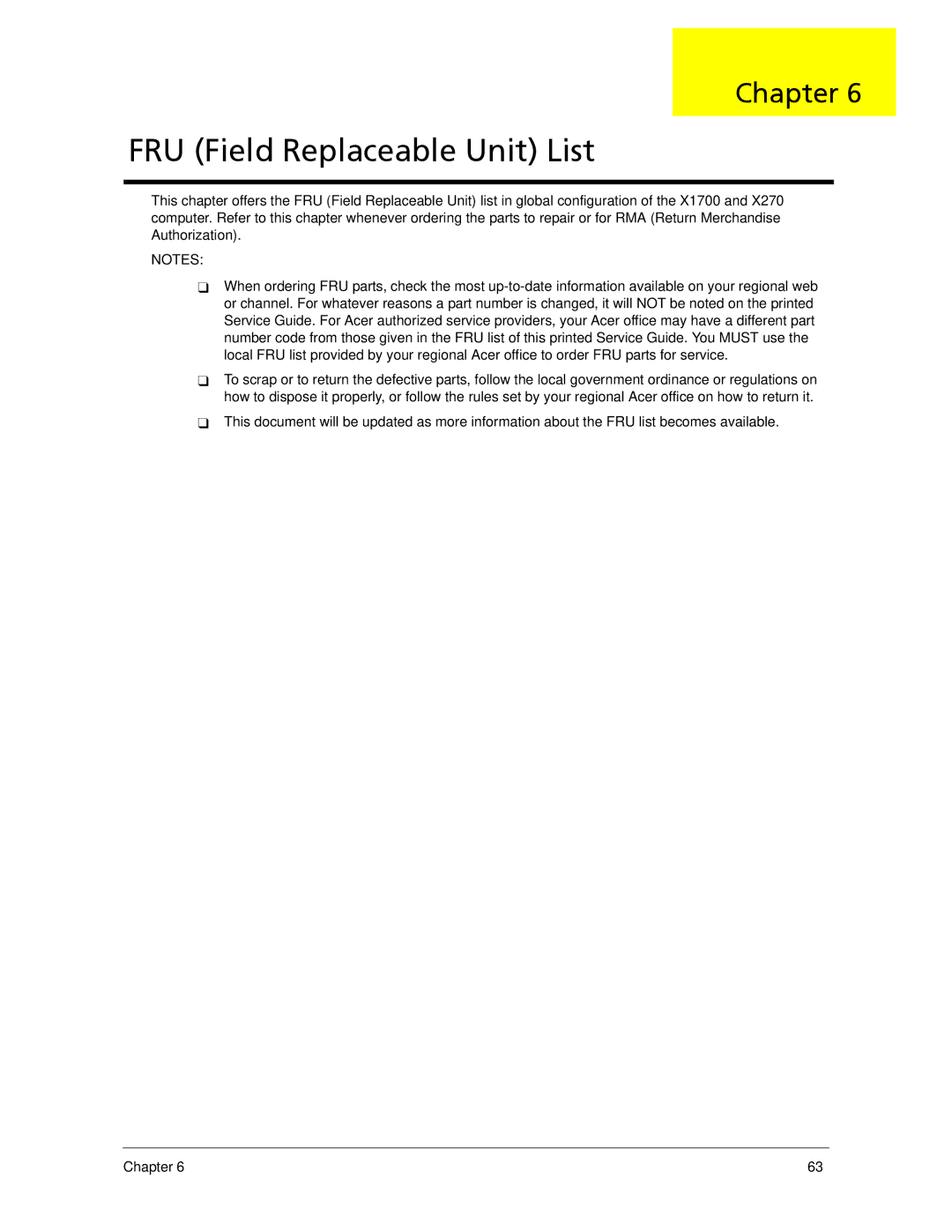 Acer X270, X1700 manual FRU Field Replaceable Unit List 