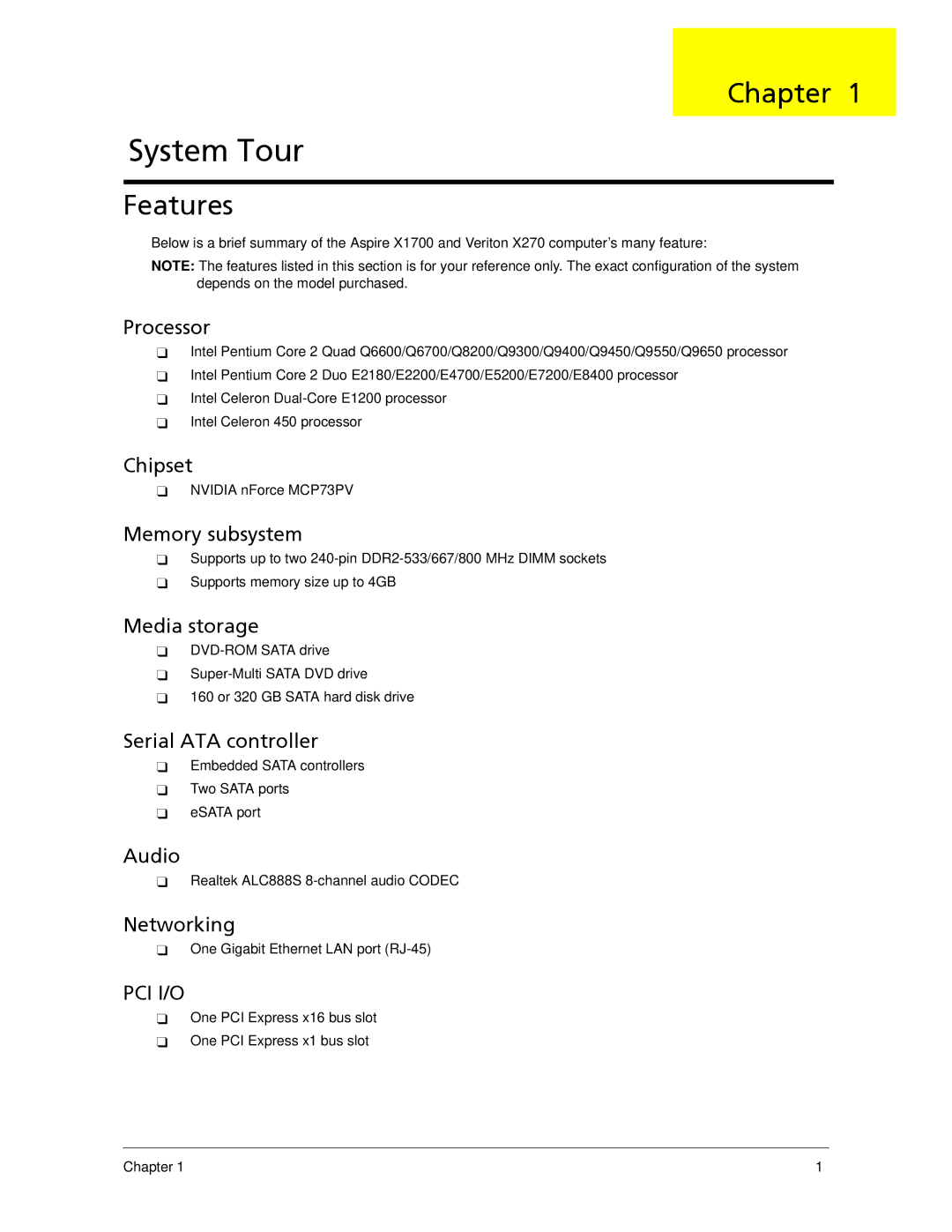 Acer X270, X1700 manual Chapter, Features 