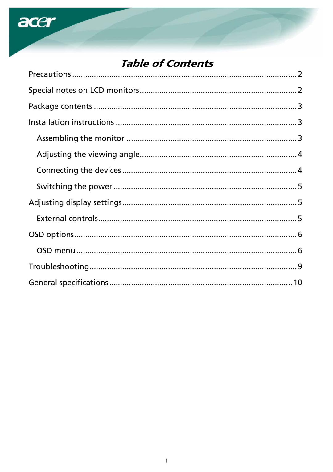 Acer X171 installation instructions Table of Contents 