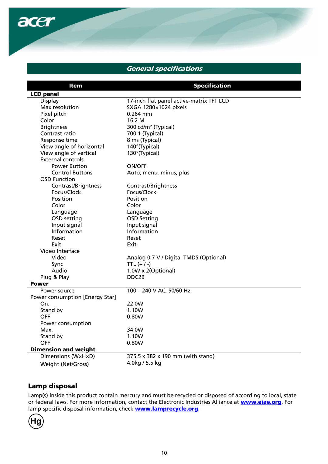 Acer X171 installation instructions General specifications, LCD panel, Power, Dimension and weight 