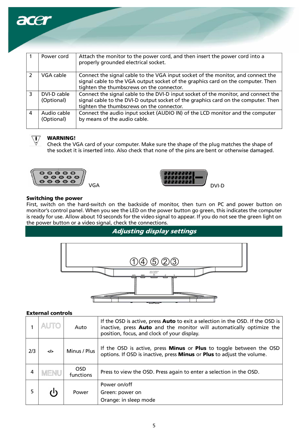 Acer X171 installation instructions Adjusting display settings, Switching the power, External controls 