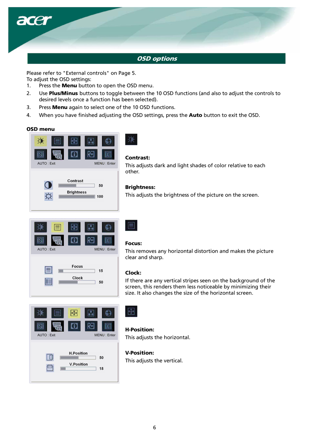 Acer X171 installation instructions OSD options 