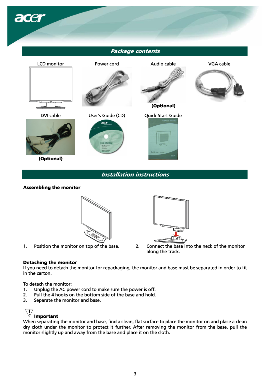 Acer X171 Package contents, Installation instructions, Optional, Assembling the monitor, Detaching the monitor 