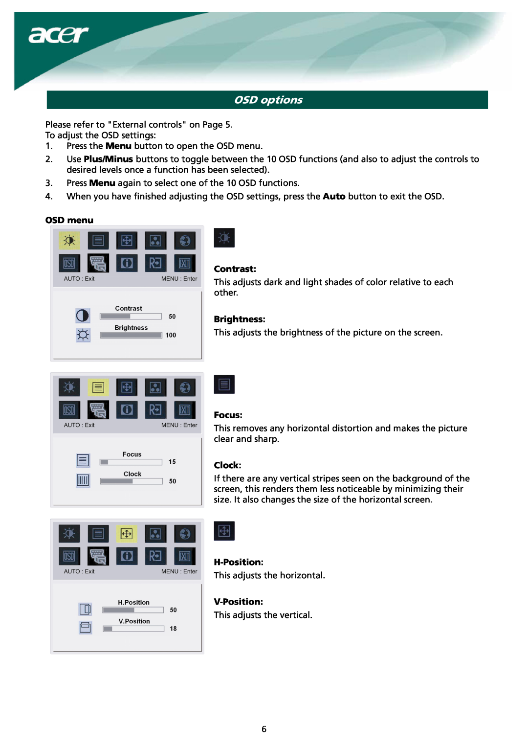 Acer X171 installation instructions OSD options, OSD menu Contrast, Brightness, Focus, Clock, H-Position, V-Position 