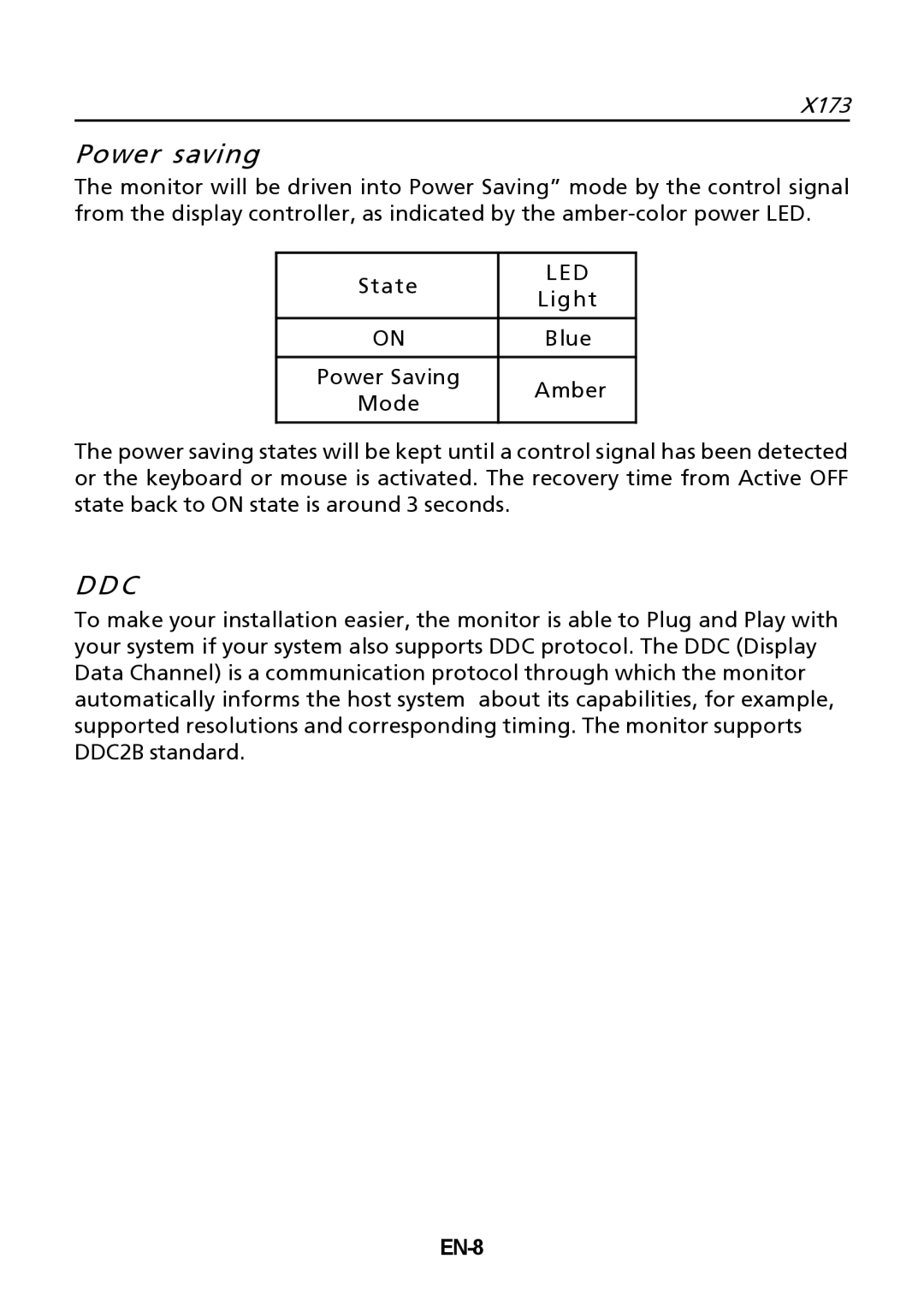 Acer X173 setup guide Power saving, Ddc, Led, EN-8 