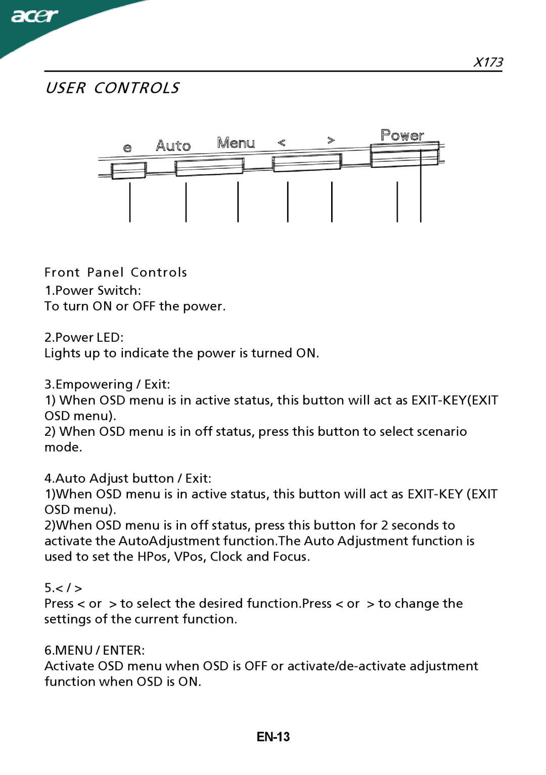 Acer X173 setup guide User Controls, Menu / Enter, EN-13 