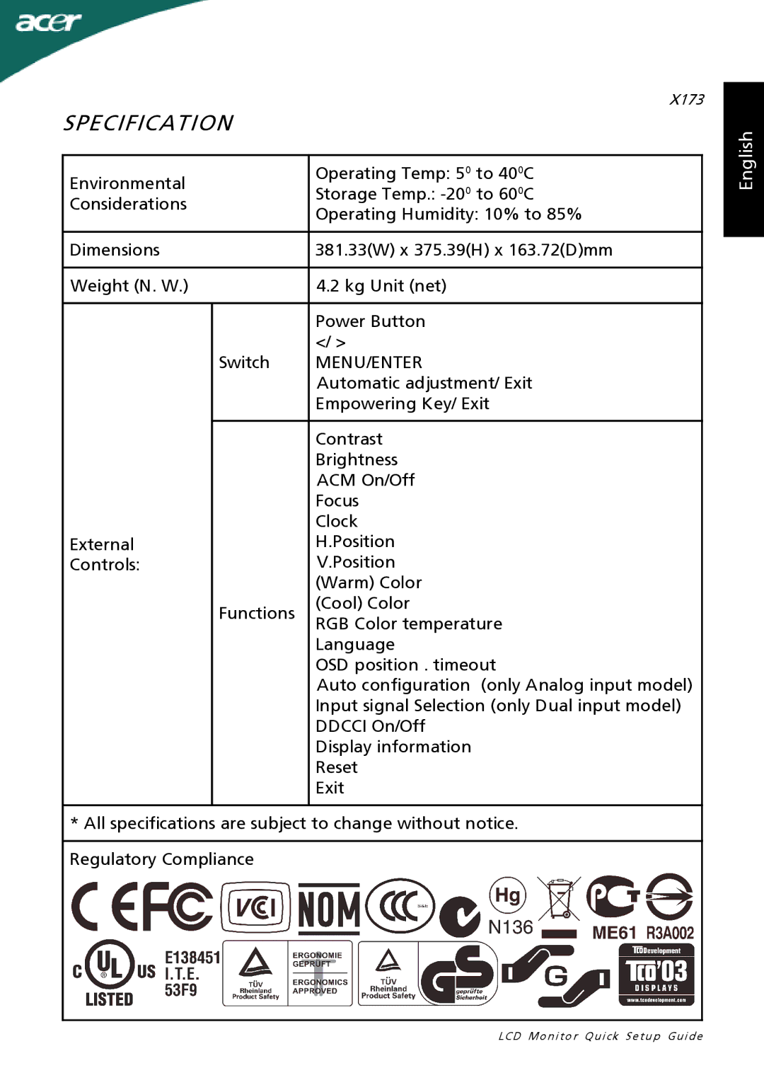 Acer X173 setup guide Menu/Enter 