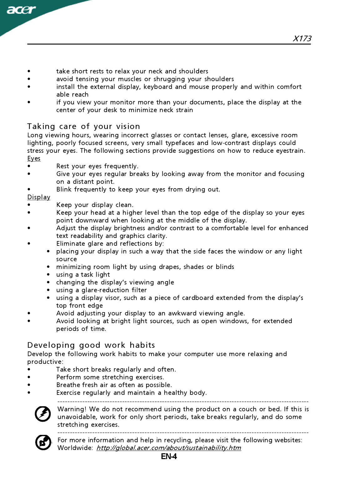 Acer X173 setup guide Taking care of your vision, EN-4 