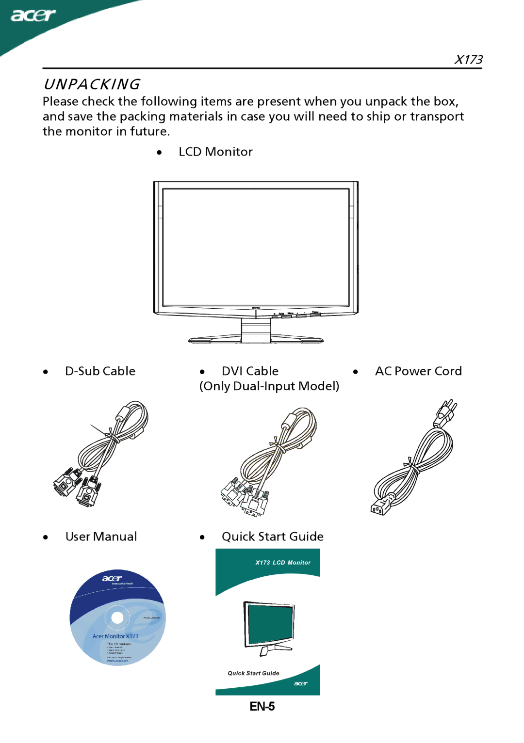 Acer X173 setup guide Unpacking, EN-5 