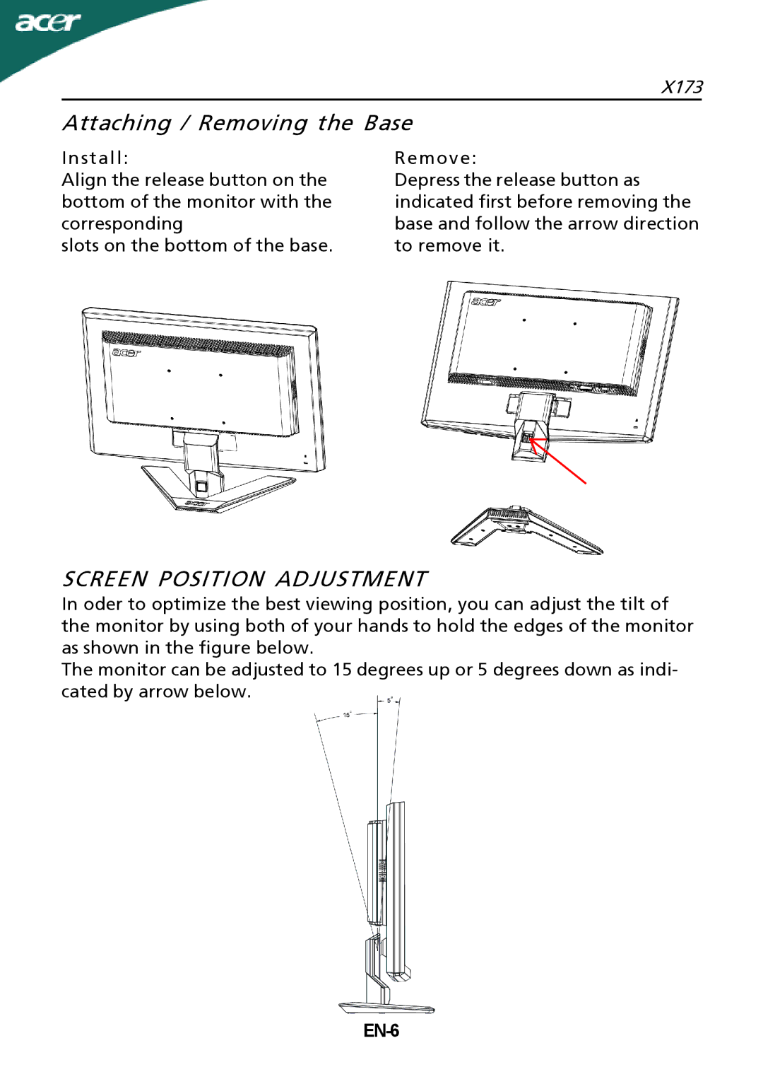 Acer X173 setup guide Attaching / Removing the Base, Screen Position Adjustment, EN-6 