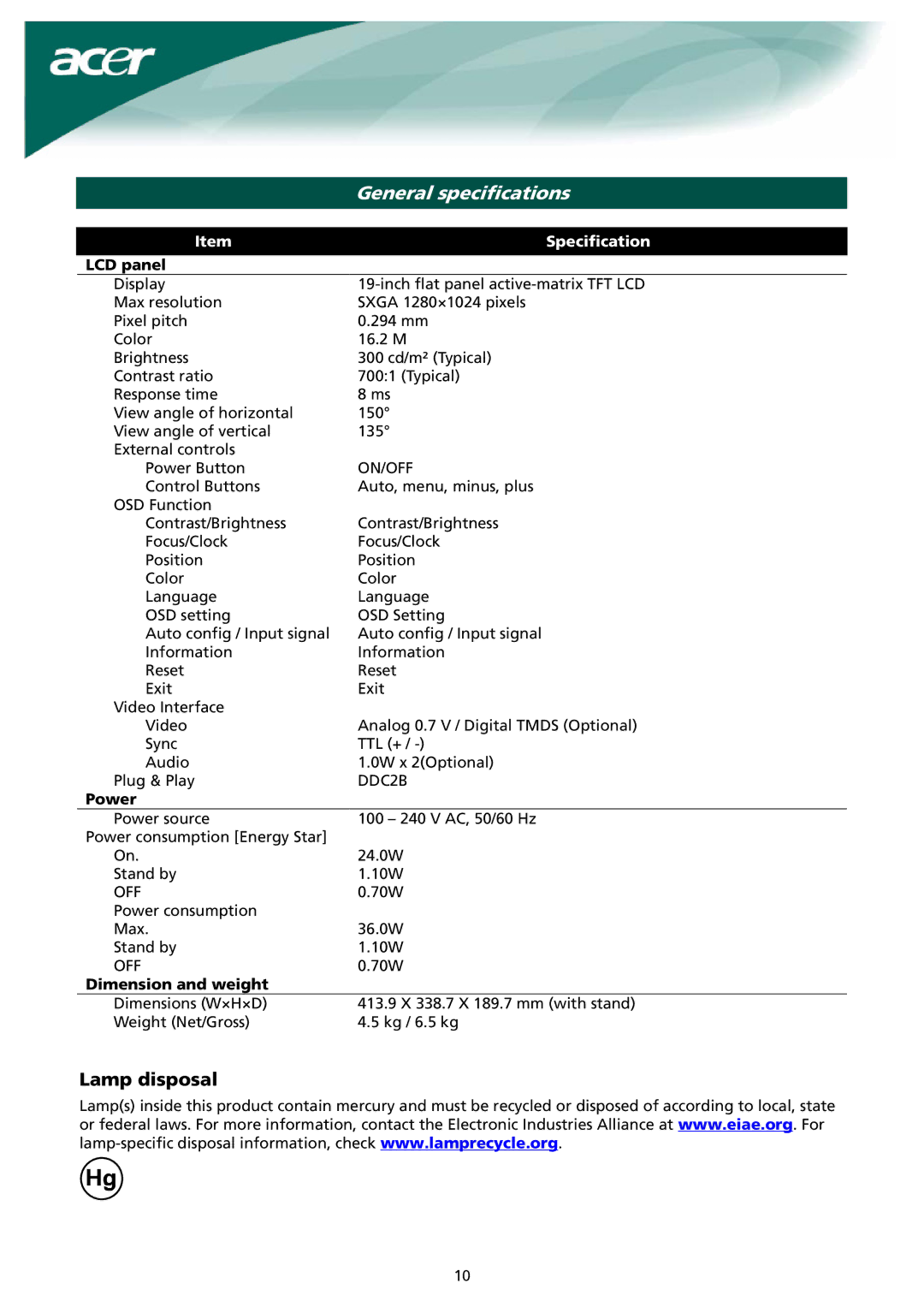 Acer X191 manual General specifications, LCD panel, Power, Dimension and weight 