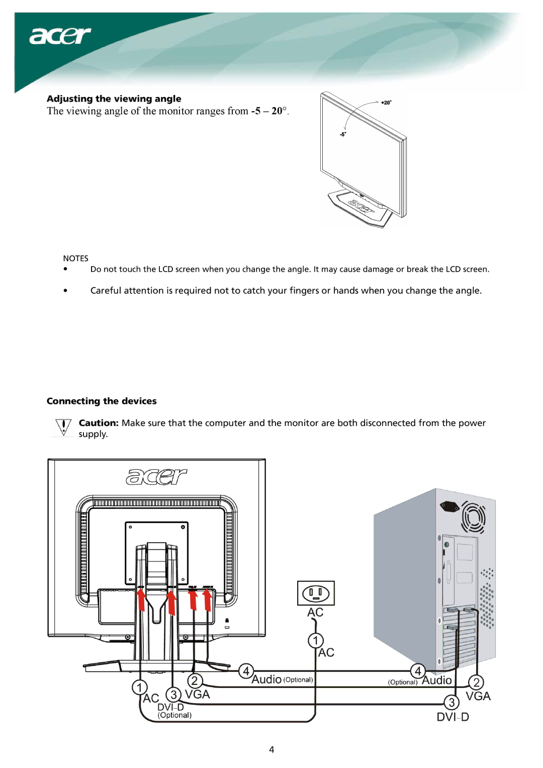 Acer X191 manual Adjusting the viewing angle, Connecting the devices 