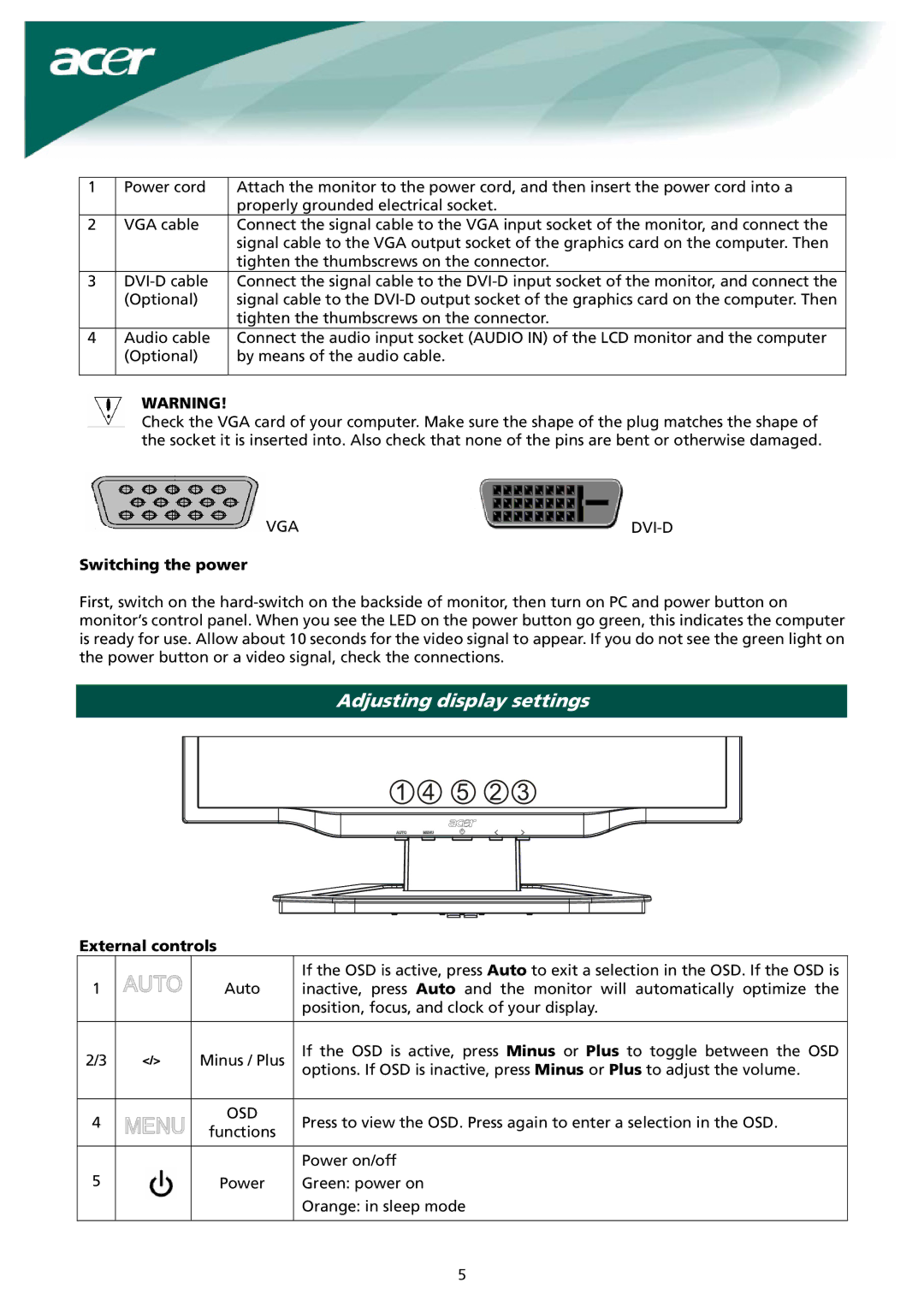 Acer X191 manual Adjusting display settings, Switching the power, External controls 