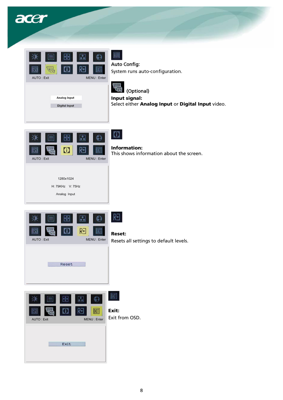 Acer X191 manual Auto Config, Reset, Exit 