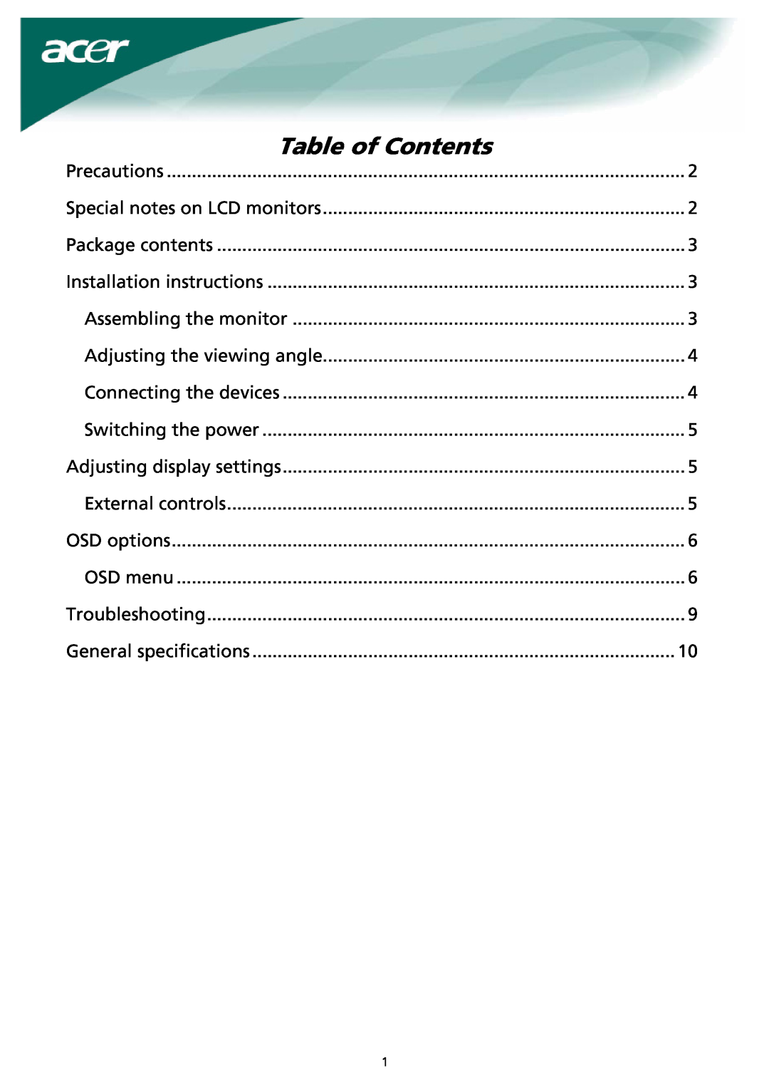 Acer X191 manual Table of Contents 