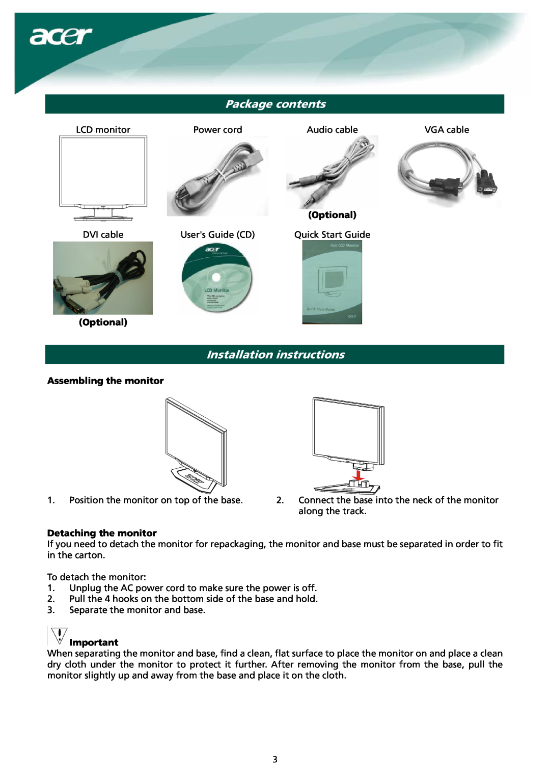 Acer X191 manual Package contents, Installation instructions, Optional, Assembling the monitor, Detaching the monitor 