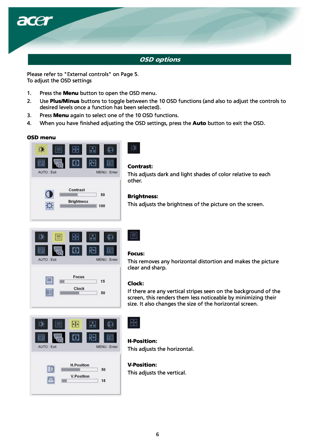 Acer X191 manual OSD options, OSD menu Contrast, Brightness, Focus, Clock, H-Position, V-Position 