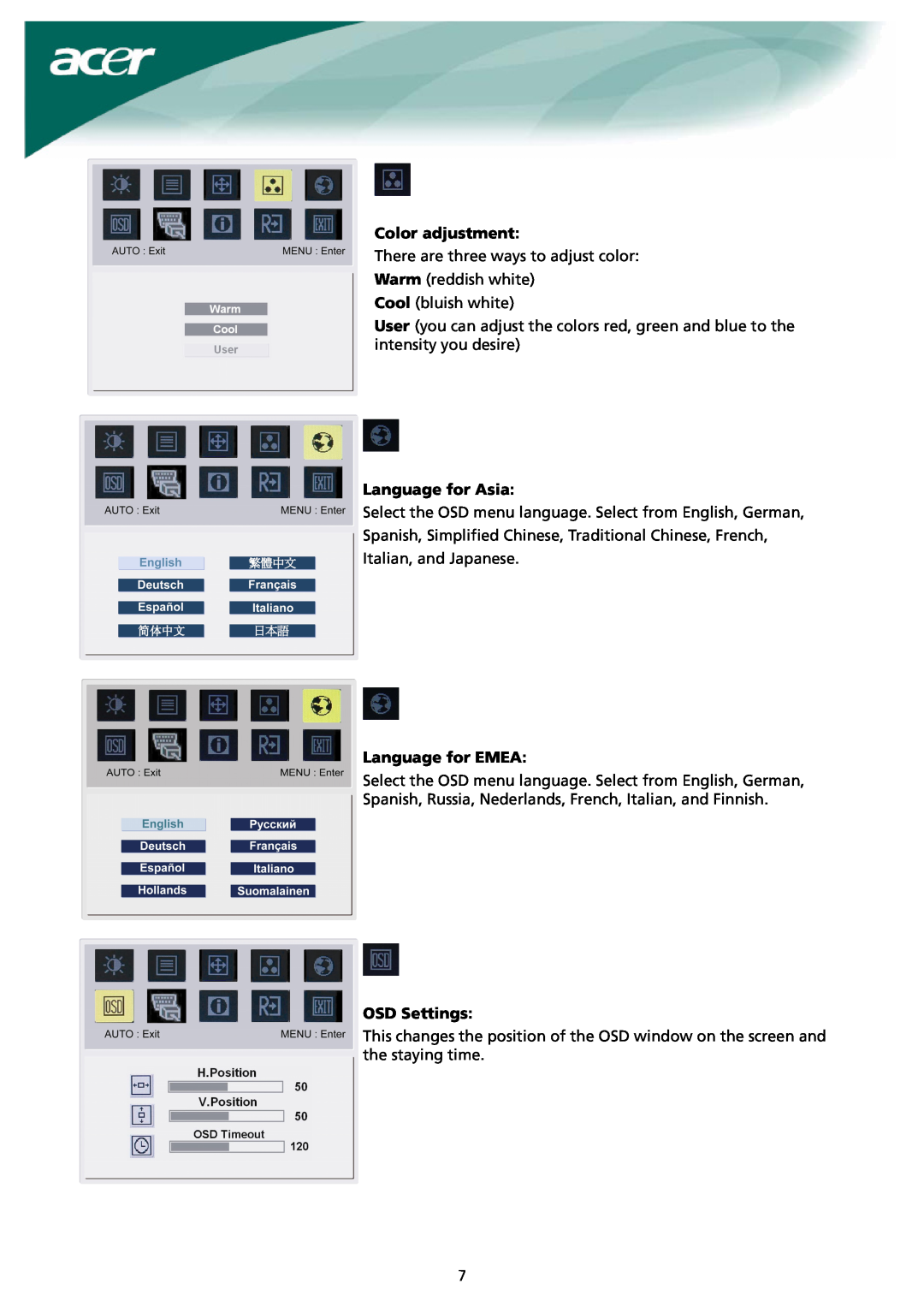 Acer X191 manual Color adjustment, Language for Asia, Language for EMEA, OSD Settings 