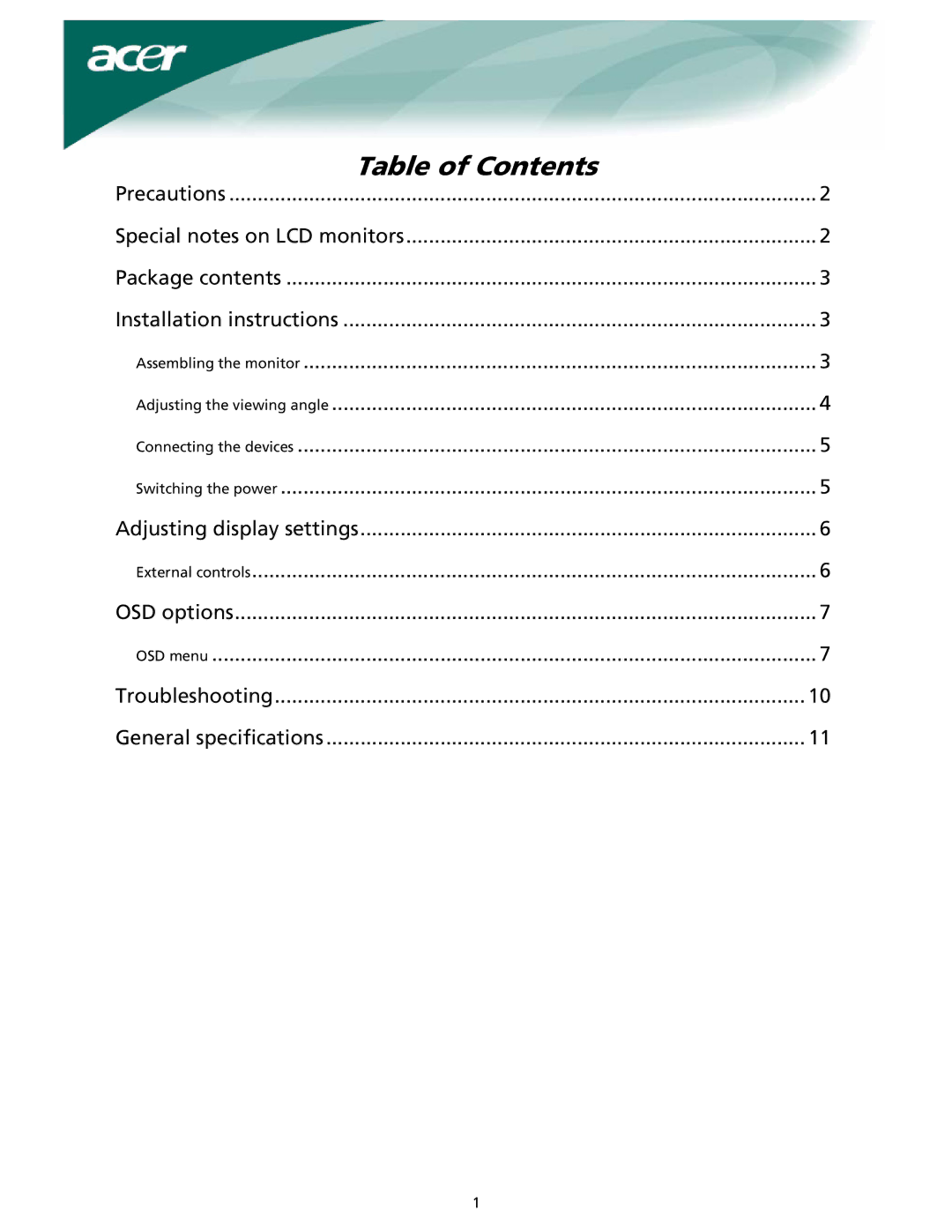 Acer X191W installation instructions Table of Contents 