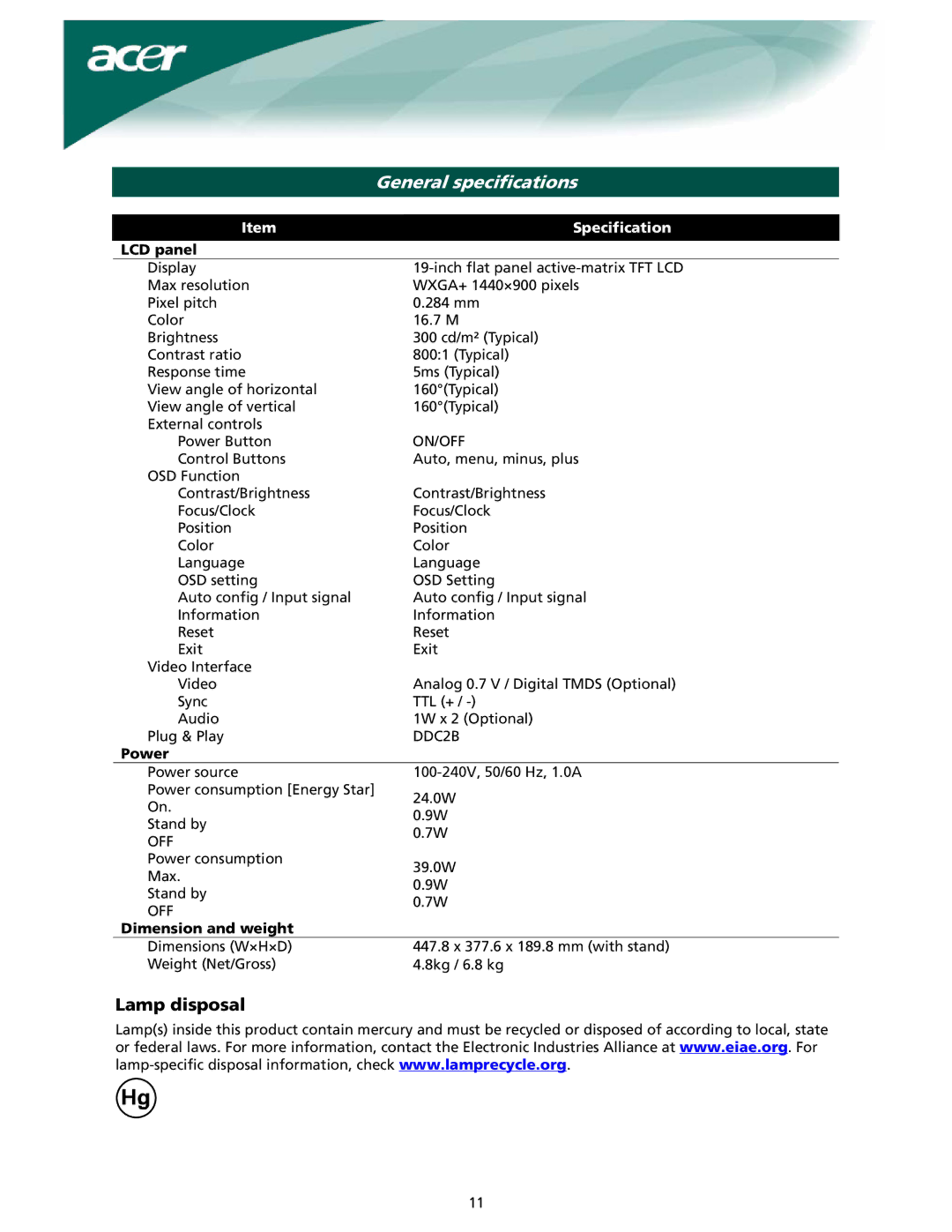 Acer X191W installation instructions General specifications, LCD panel, Power, Dimension and weight 