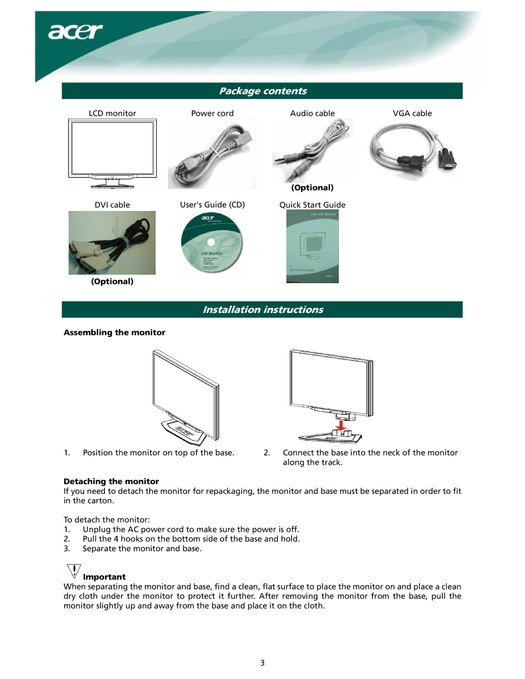 Acer X191W installation instructions Package contents, Installation instructions 