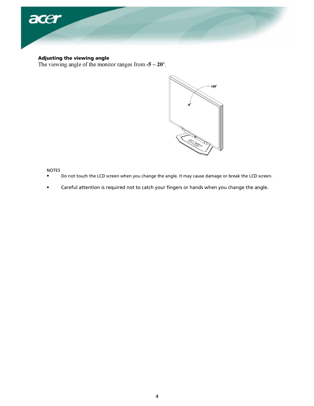 Acer X191W installation instructions Viewing angle of the monitor ranges from -5, Adjusting the viewing angle 