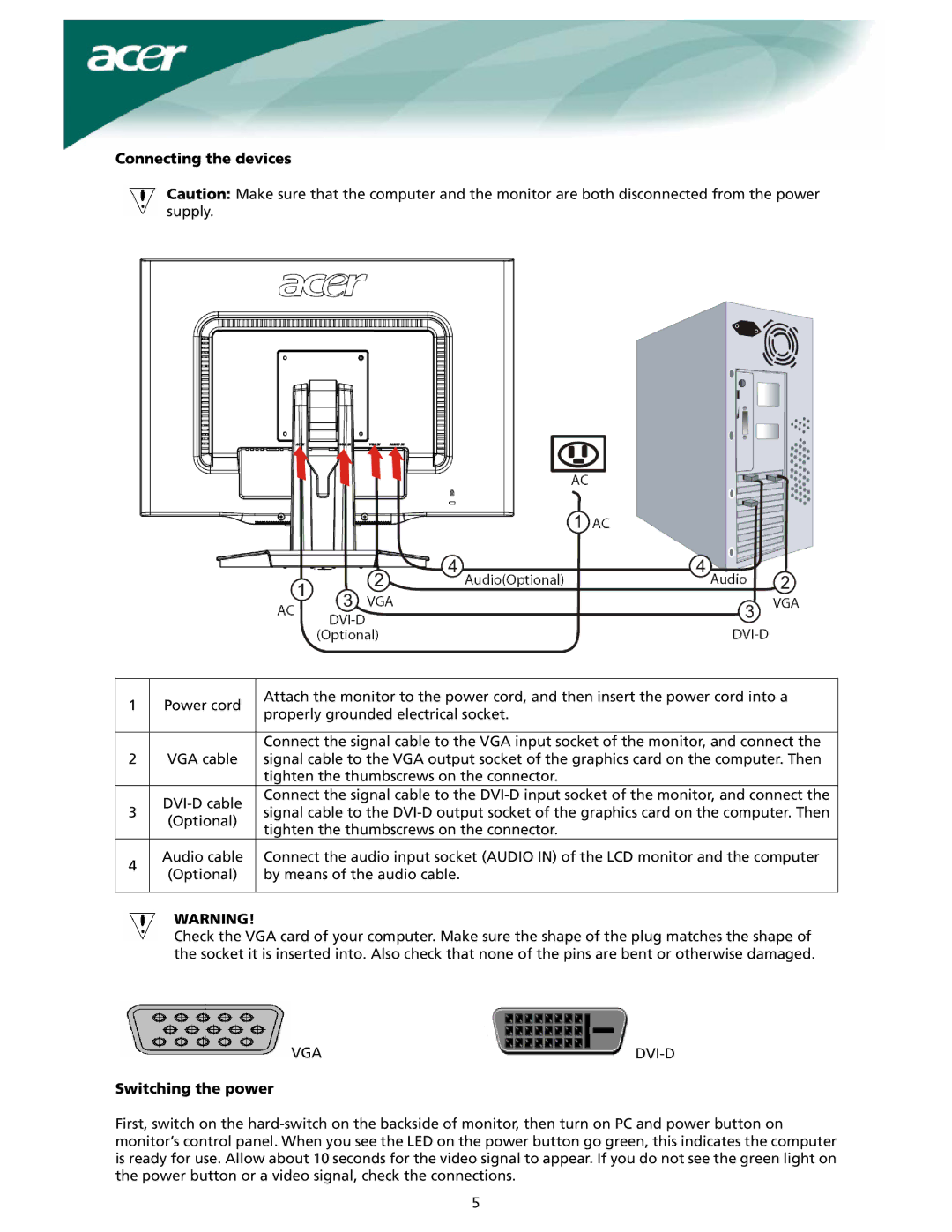 Acer X191W installation instructions Connecting the devices, Switching the power 